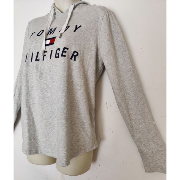Tommy Hilfiger Hooded Sweatshirt Gray Pullover Logo Lettering Women's Size Med - Picture 3 of 7